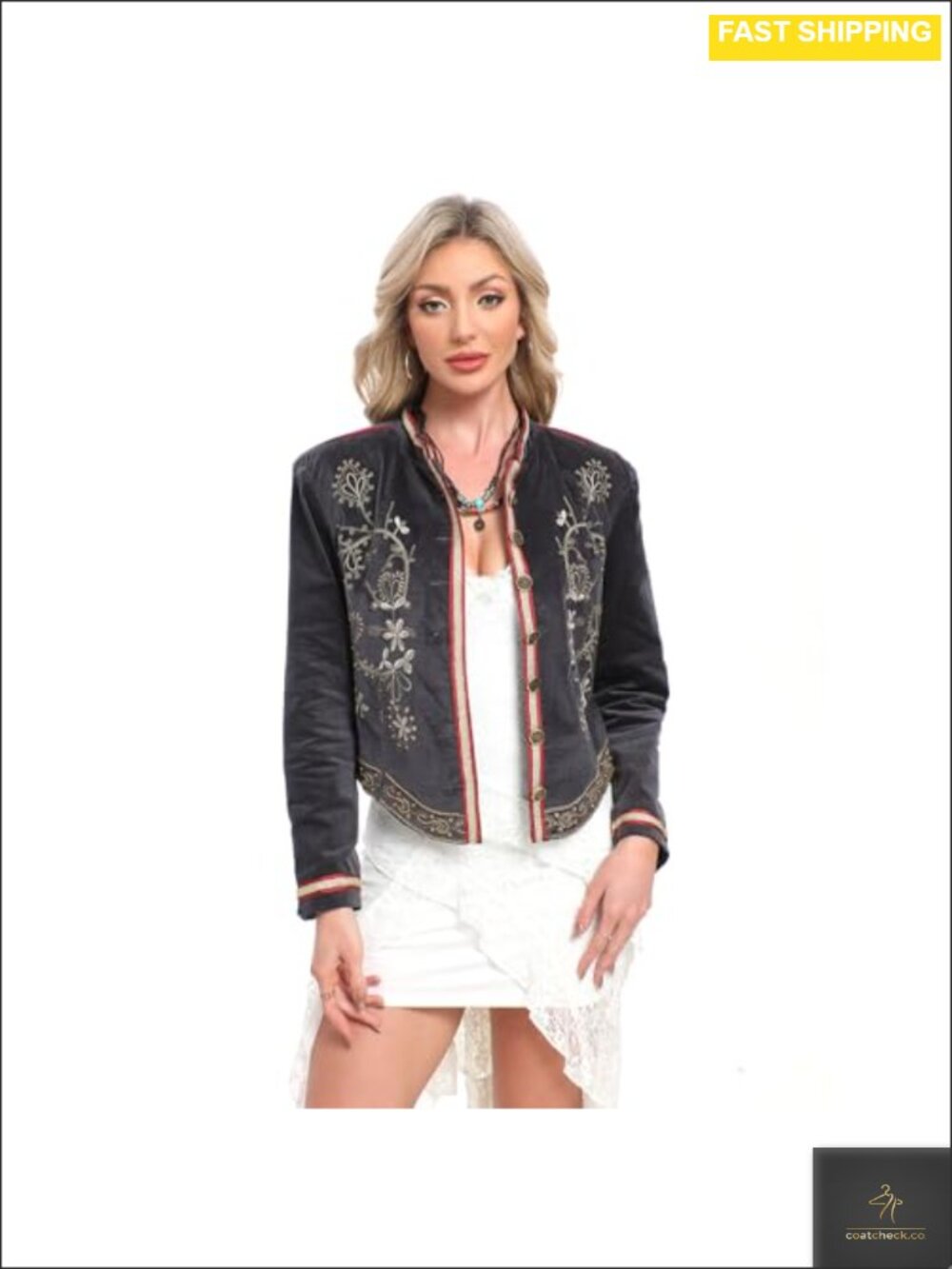 Velvet Embroidered Cropped Party Coat